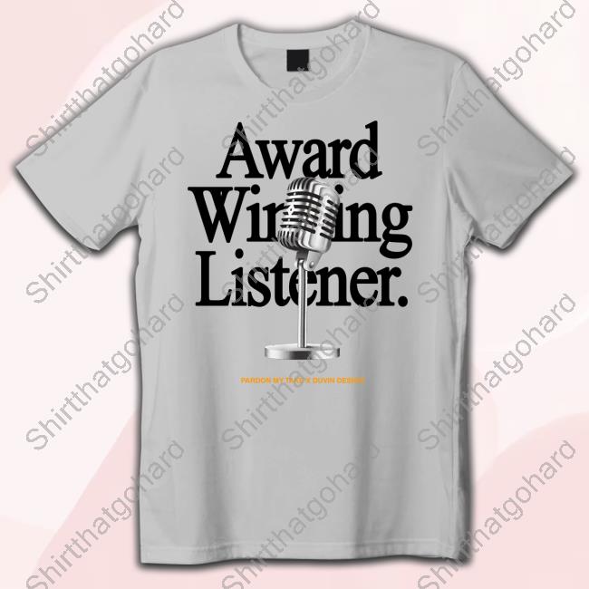 Barstool Sports Pmt X Duvin AWL White Tee Store Barstool Sports Pmt X Duvin Awl Award Winning Listener Tee
