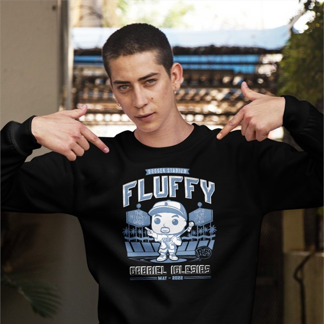 Fluffy Guy Merch Funko Baseball Tee Shirt Dodger Stadium Fluffy Gabriel Iglesias May 2022 Fluffy Guy Merch Funko Baseball Hooded Sweatshirt Dodger Stadium Fluffy Gabriel Iglesias May 2022