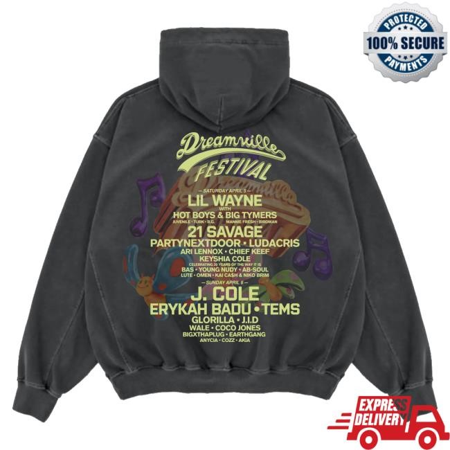 Official Dreamville Festival DV 25 Butterfly Washed Black Lineup Hooded Sweatshirt