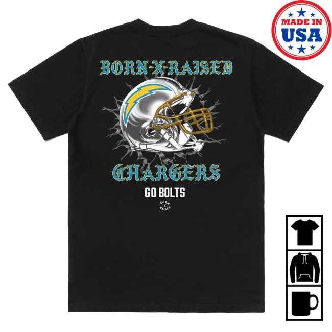 Official Born X Raised Merch Store Shop Born X Raised + Los Angeles Chargers Helmet Top Shirt: Black BornxRaised