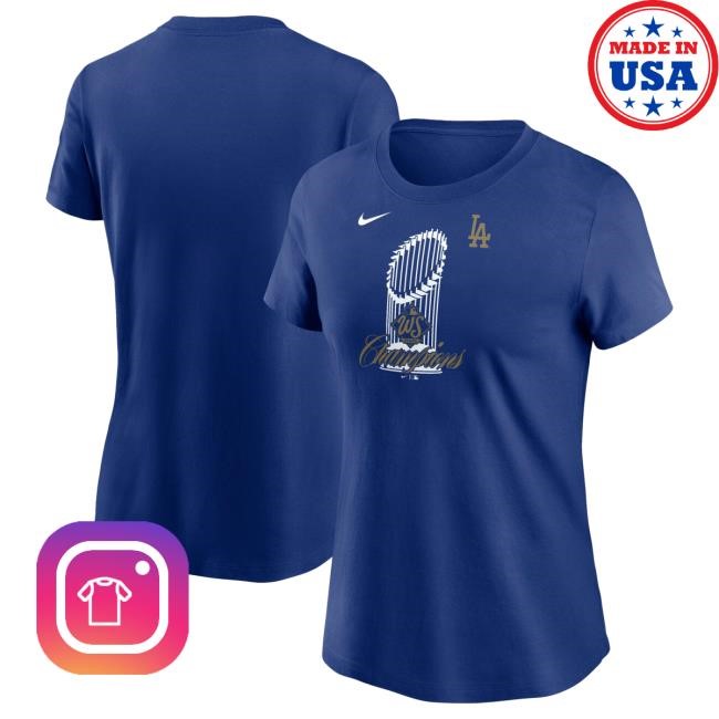 Women's Los Angeles Dodgers Nike Royal 2025 World Series Champions Trophy New Shirt Official MLB Shop