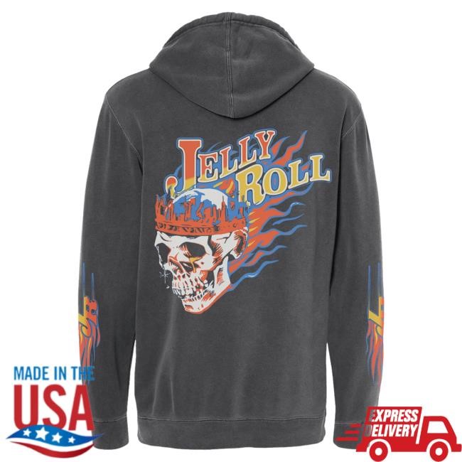 Official Jelly Roll Merch Store Flame Skull Pigment Black Attractive Hoodie