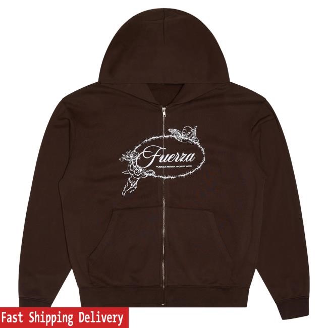 Official Fuerza Regida Merch Store Angelitos Rhinestone - Zip Hooded Sweatshirt Brown