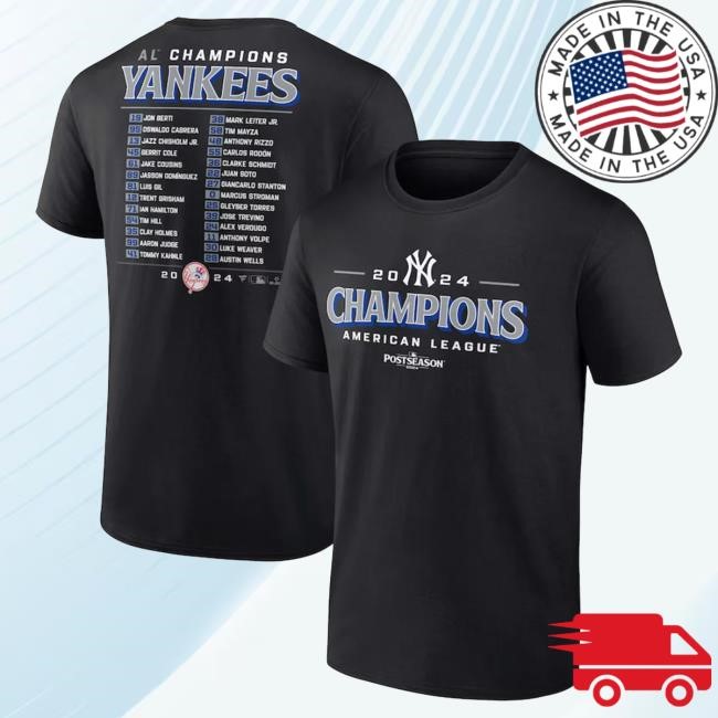 New York Yankees Men's 2024 American League Champions Bloop Single Roster Shirt
