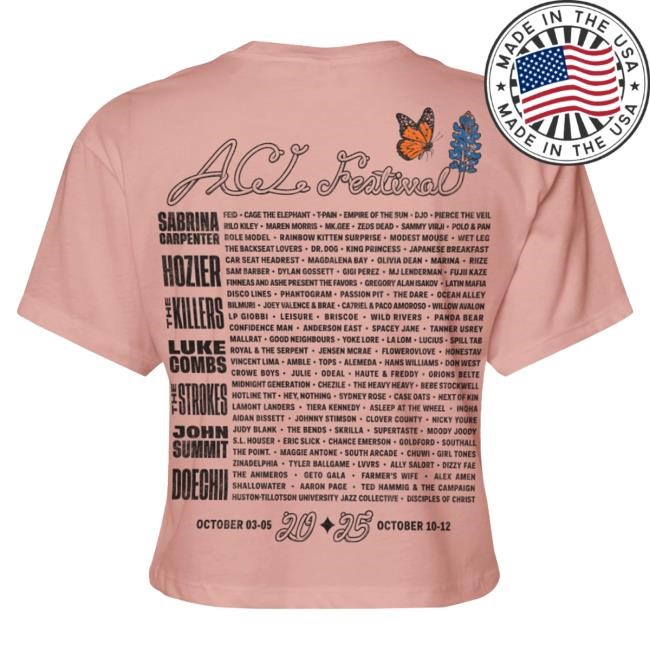 Acl Merch 2025 Women's Bluebonnet Lineup Crop Top Shirt Austin City Limits Music Festival