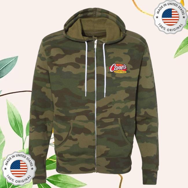 Official Canes Merch Store Raising Cane's Gear Full Zip Camo Sweatshirt Forest Camo Canes Apparel Clothing Shop